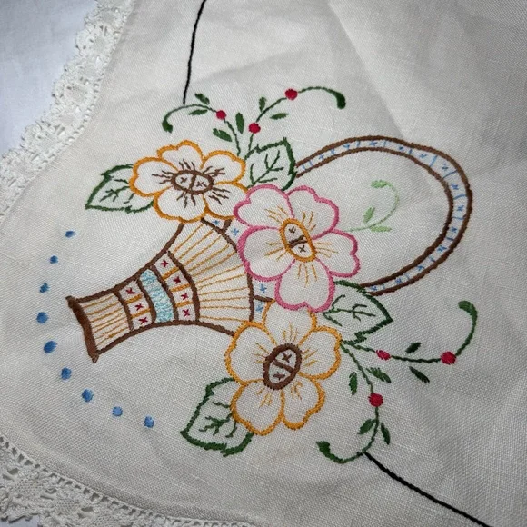 Vintage Linen Cross Stitch Oval Table Floral Basket 28”x21.5” Basket Of Flowers