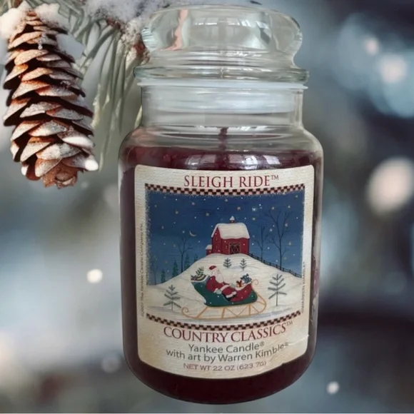 Yankee Candle Jar Sleigh Ride Rare Vintage Christmas Warren Kimble Burgundy Red