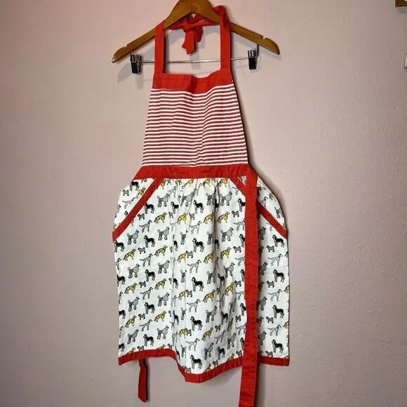 Red White Striped Apron Bib Dog Neck Waist Tie Vintage 100% Cotton Poodle Husky