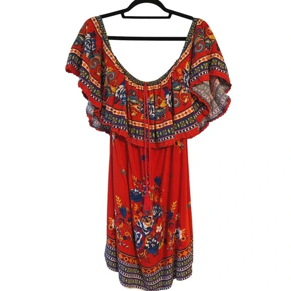 Flying Tomato Red Floral Off Shoulder Mini‎ Dress Bohemian Boho Festival Small