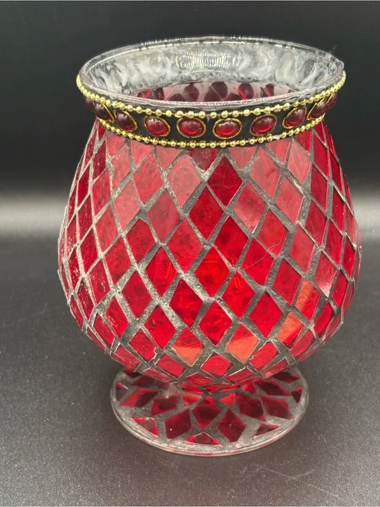 RED MOSAIC HURRICANE GLASS VASE/CANDLE HOLDER  6” Tall