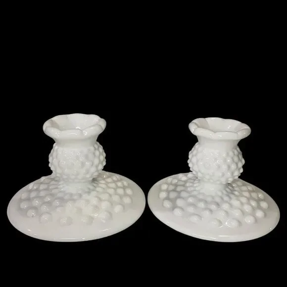 Vintage‎ Fenton Hobnail 2 Piece Candle Holder Set White Milk Glass Romantic Gift