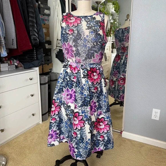 Floral Sleeveless Dress with Pink and Blue Accents