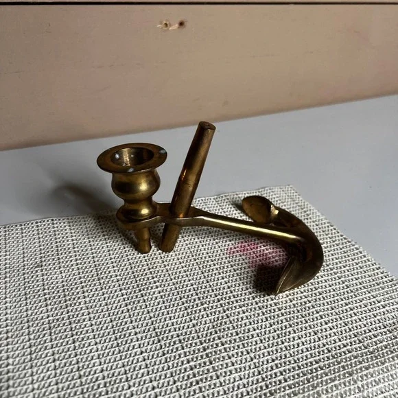 Vintage Solid Brass Anchor Candlestick Holder Nautical Maritime Decor Gold Tone