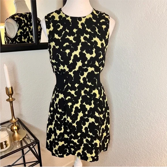 A.L.C. Black & Yellow 100% Silk Abstract Print Mini Dress, size 4