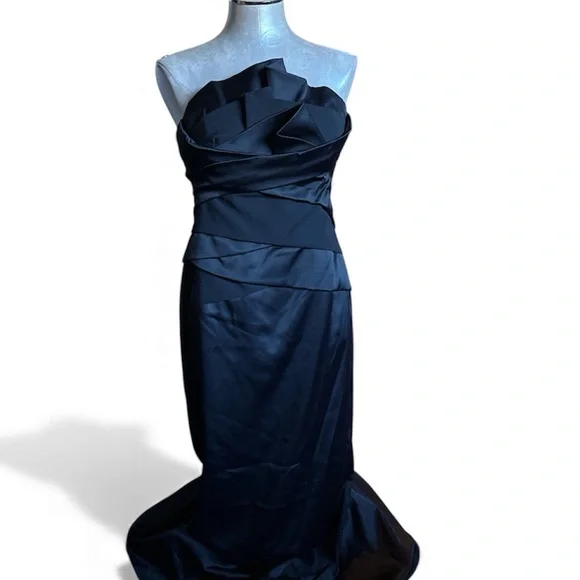 Coast Women’s Black Satin Strapless Evening Long Dress Front Modern Ruffles 8