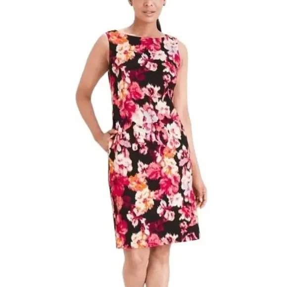NWT CHICO'S Sleeveless Shift Ponte Dress in Black Florals  SZ 14