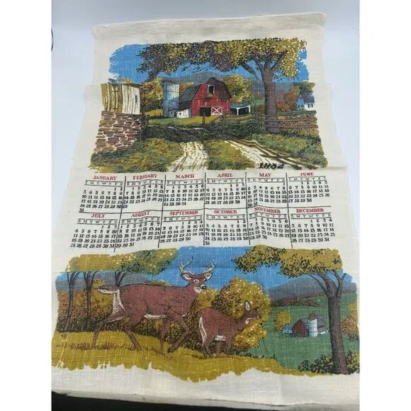 Vintage 1982Calendar Tea Towel‎ Linen Old Red Barn And Deer