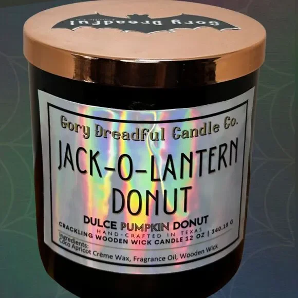 Jack-O-Lantern Donut Crackling Wooden Wick Candle: Dulce Pumpkin Donut Scent