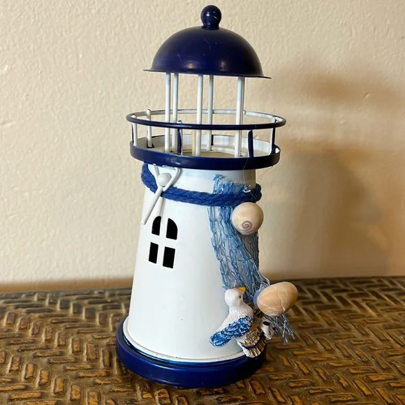 Mediterranean Lighthouse, iron , candle holder, white & blue.