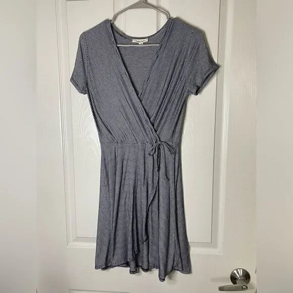 Blue and white striped faux wrap dress size M
