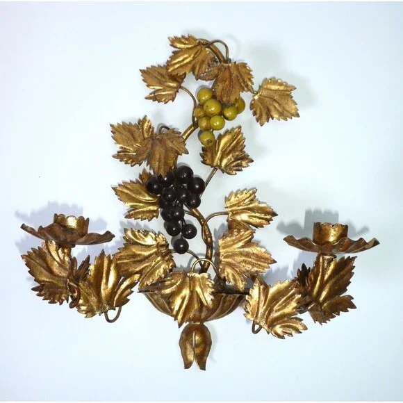 Vtg 2 Candle Sconce Italian Style Gold Grape Vine Gilt Metal Toleware Wall MCM