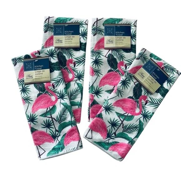 HOME COLLECTION Kitchen Towels Tropical Pink Flamingos 4-pc Set 15”x25”