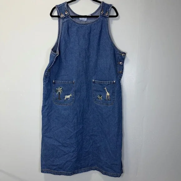 VTG Carolina Plus Blues Denim Safari Embroidered Jumper Dress 18W Blue Cotton