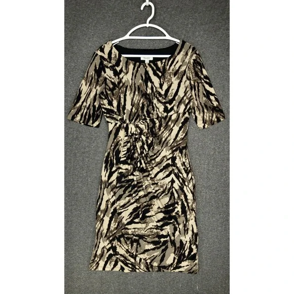 Dressbarn Tiger Print Faux Wrap Dress Women's 10 Half Sleeve Knee Length Rouched