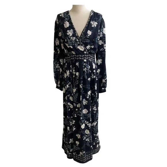 NWT Gal Meets Glam Navy Blue Floral V-Neck Long Sleeve Maxi Dress jade Size 10