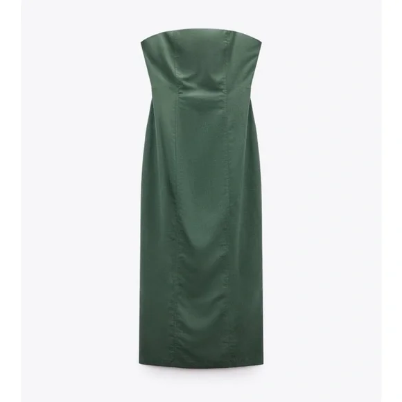 Zara green tube strapless midi linen blend dress