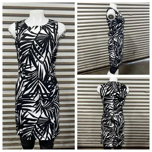 Alfani sheath dress career evening cotton blend white black palm leaf print