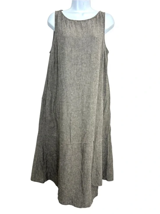 J. Jill Pure Jill Linen Blend Sleeveless A-Line Midi Dress M/L Taupe Gray
