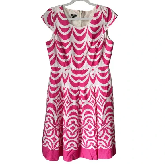 Talbots Dress Pink White Floral Geo Print Cap Sleeve Pleated Skirt Cotton Size 8