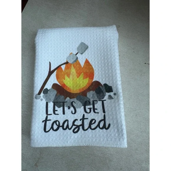 Lets Get Toasted Campfire Waffle Weave Kitchen Hand Towel White Camping Decor