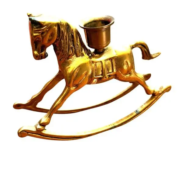Vintage brass candle stick holder rocking horse whimsy festive holiday decor