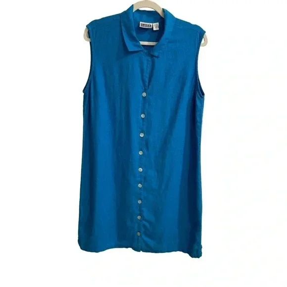 VINTAGE Chico’s 100% Linen Button Up Dress Size M‎ (2) Blue Coastal Beach Casual