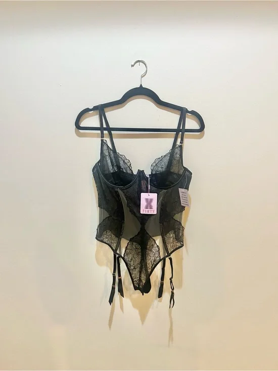 Savage X Fenty Black Lace Bustier Bodysuit with Garters Sz L