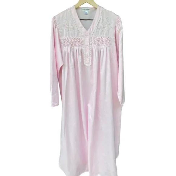 Miss Elaine Brushed Back Satin Long Nightgown M Pink Smocked Cottagecore Lace