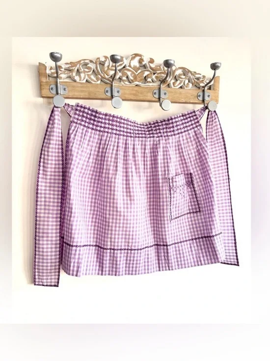 Vintage Handmade Apron Purple Gingham Tie Back , Pocket Cross Stitch Detailing