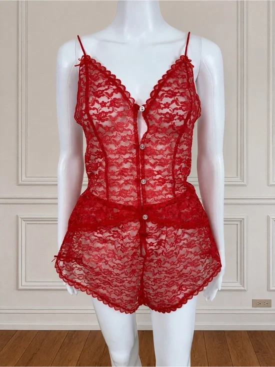 Texsheen Vintage 70s 80s Red Lace Lingerie 2 Piece Set Sheer Cami Shorts Sz L