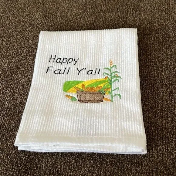 Happy Fall Ya’ll Custom Embroidered White Cotton Barmop Towel