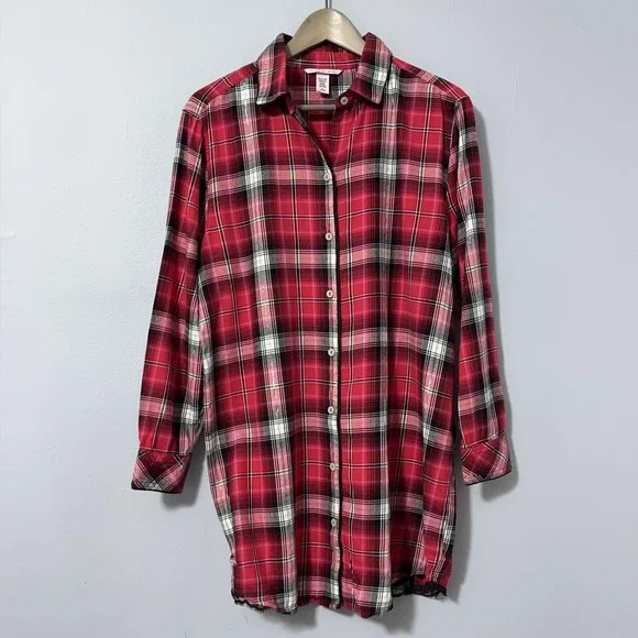 Victoria's Secret Flannel‎ Sleep Shirt Womens Medium Red Plaid Lightweight