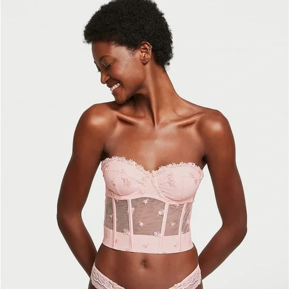 Rosebud Embroidery Unlined Strapless Plunge-Back Corset Top