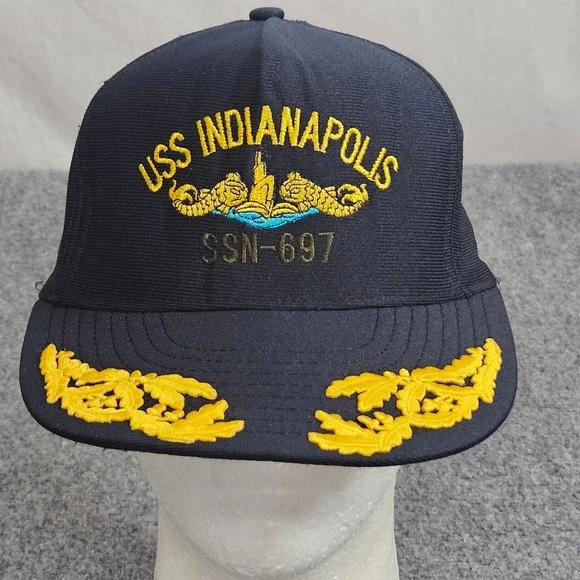 Vintage 80s 90s USS‎ Indianapolis SSN 697 Snapback Hat Navy Blue Military USA