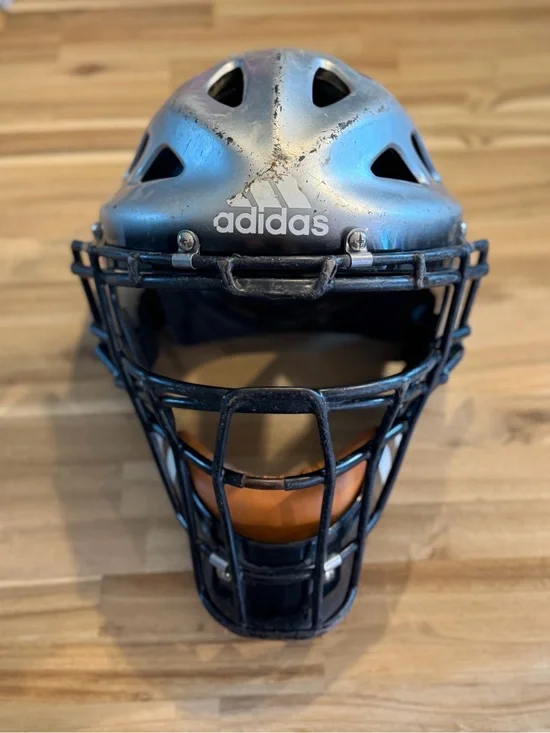 adidas Metallic Silver Catcher Helmet with Black Cage