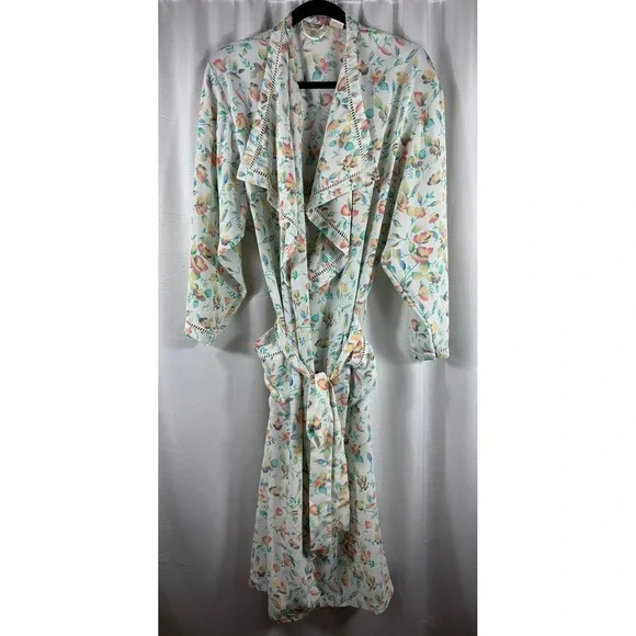 Victorias Secret Vintage Gold Label Floral Robe White Watercolor Tie Waist Small