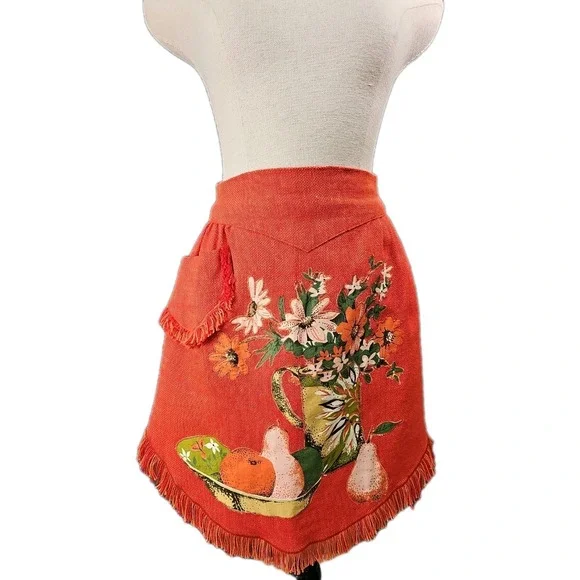 Vtg 60s Sue Sets NY Burlap Waist Apron, Fruit Floral Applique, Orange