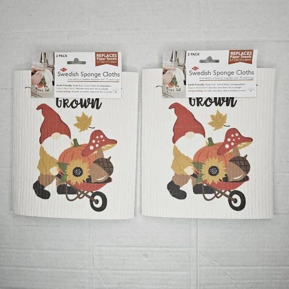 New Set of  2 Ritz Swedish Sponge Cloth 2 pack Gnome Grown Pumpkin Fall 6.7 x 8