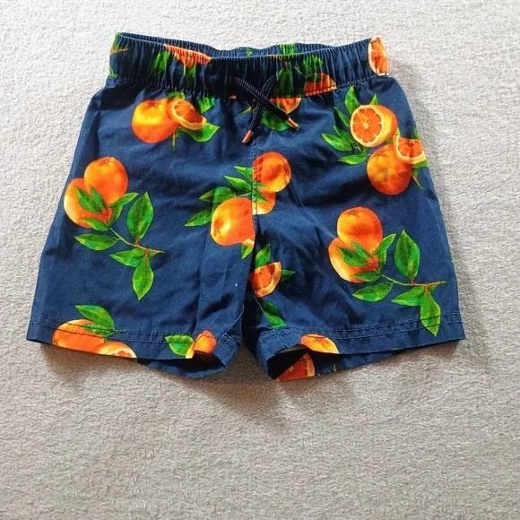 Old Navy Boys Swim Trunks Navy Orange Fruit Print 3T Elastic Waist