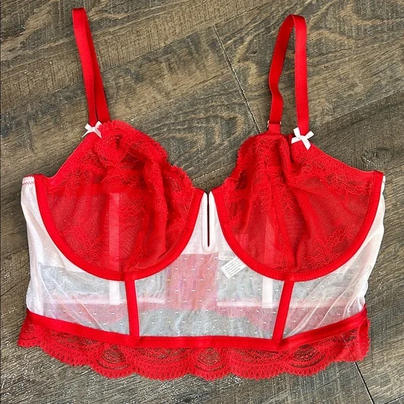 Auden Red & White Lace Underwire Bustier Longline‎ Bra Size XL