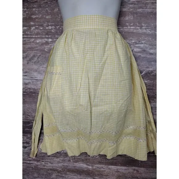 Vintage Half Apron Yellow White Gingham Rick Rack Trim 1950 Handmade Pocket MCM