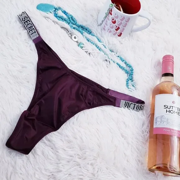 Victoria's Secret THONG XLARGE Orchid Rhinestones VS Logo Crystals Very Sexy