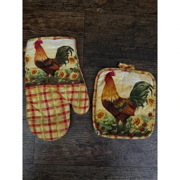 Rooster‎ Sunflower Oven Mitt and Pot Holder Set Farmhouse Kitchen Decor