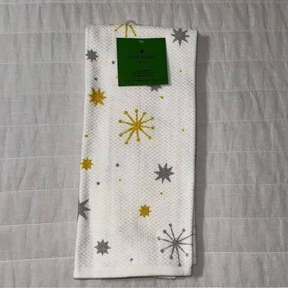 kate spade Christmas Star White Gold Silver Gray Cotton Kitchen 2 Towel Set
