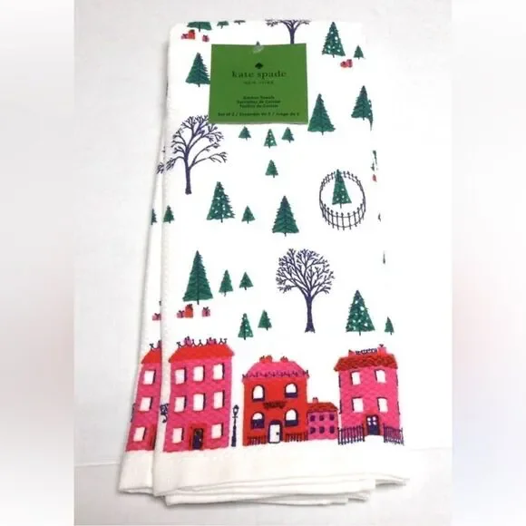 kate spade Christmas Town City Scapes White Pink Green Cotton Kitchen 2 Towel