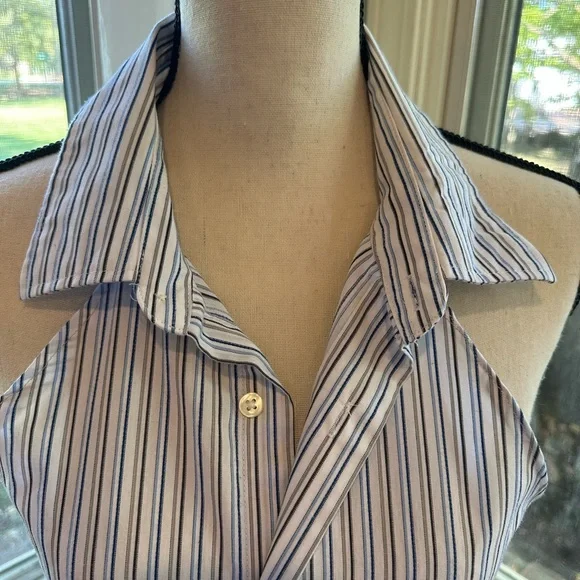 Hand crafted Mens Dress Shirt Kitchen Apron white blue Striped Eyelet Ric Rac