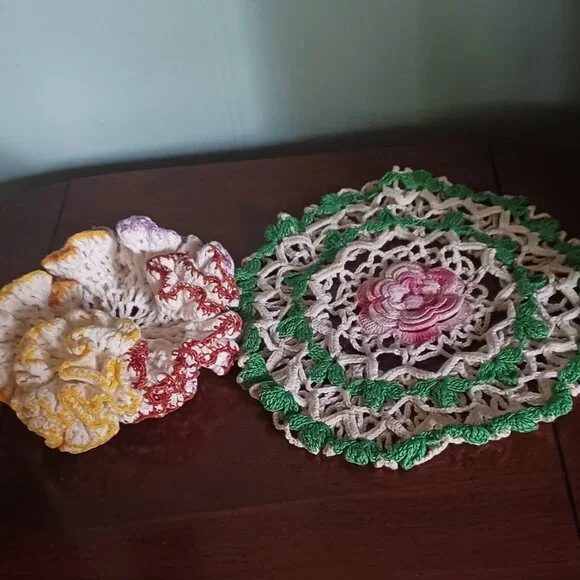 Vintage Lot of 2 Handmade Crocheted Doilies Assorted Sizes And Colors