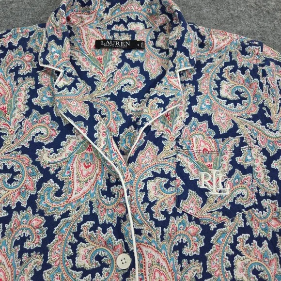 Ralph Lauren Navy Blue Paisley Cotton Blend Pajama Top Short Sleeve S