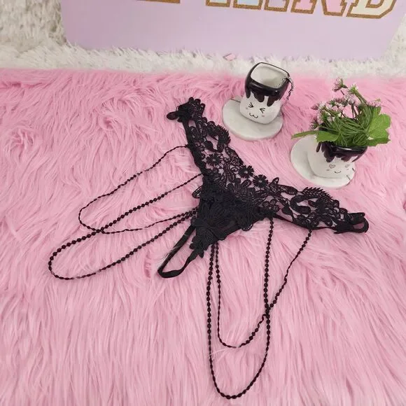 NIB Black Beaded Lace Thong : Seductive Elegance Size Small NIB